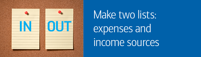 Make two lists: expenses and income sources.