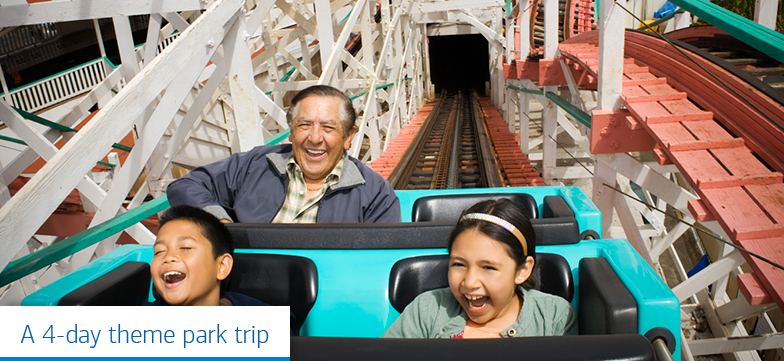 Text reads, “A 4-day theme park trip.” Two kids and an elderly man, presumably their grandfather, on a rollercoaster smiling.