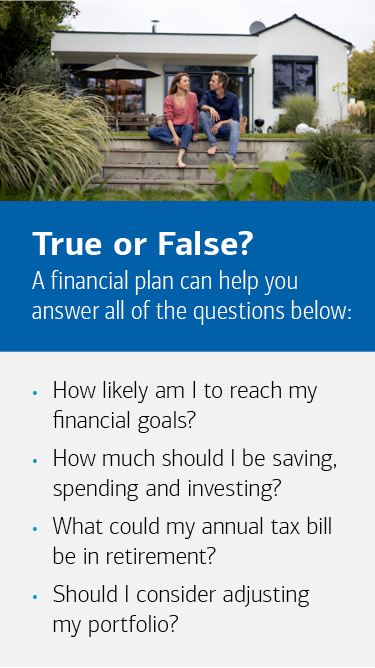Graphic depicting a quiz that explains what a financial plan can do. Visit the link below for a full description.
