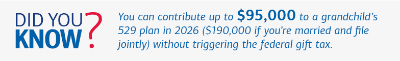 Graphic illustrating what grandparents can gift to a 529 plan in 2025. Visit the link below for a full description.