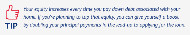 Tip: Your equity increases every time you pay down debt associated with your home. If you’re planning to tap that equity, you can give yourself a boost by doubling your principal payments in the lead-up to applying for the loan.