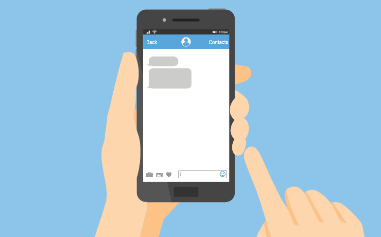Person holding a mobile phone in their hand and pointing at the screen with their right index finger