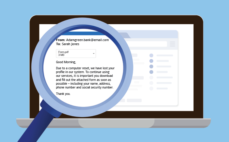 A computer screen with a magnifying glass increasing the size of the font shown in an email communication from a scammer