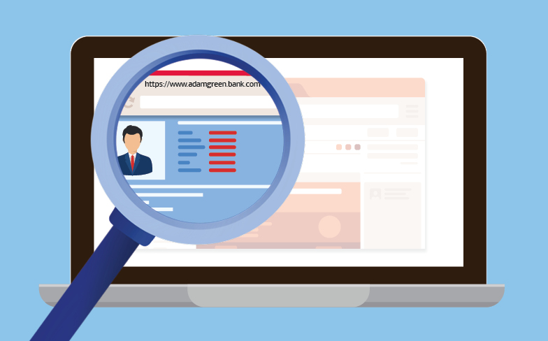 A computer screen with a magnifying glass increasing the size of a person’s photo posing as a financial advisor on a fake website