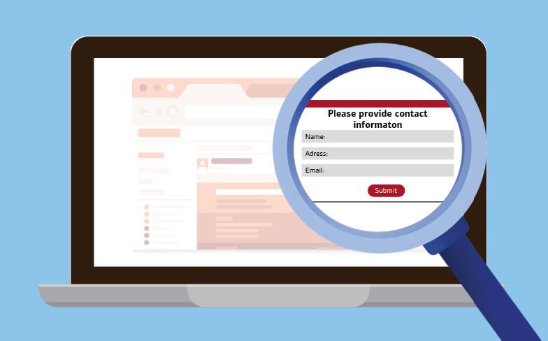A computer screen with a magnifying glass increasing the size of a contact form provided on a fake website