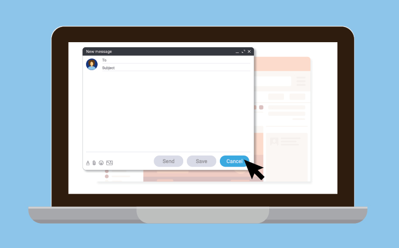 A computer screen with a blank email being composed and the arrow points to the ‘cancel’ button