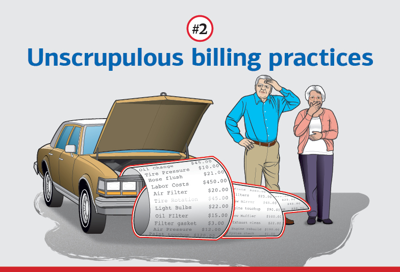 Text: #2 Unscrupulous billing practices. Illustration of an elderly couple standing next to a car with its hood open. A large receipt of repair costs spills out from the engine.