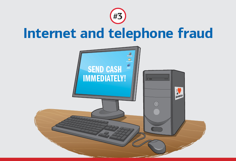 Text: #3 Internet and telephone fraud. Illustration of a computer with “Send Cash Immediately!” on the screen.