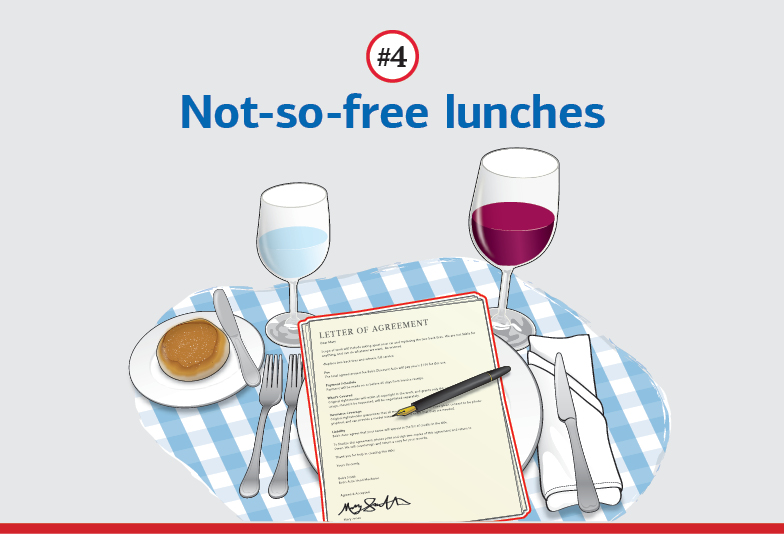 Text: #4 Not-so-free lunches. Illustration of a table setting with bread and drinks, and a contract with a pen on a plate.