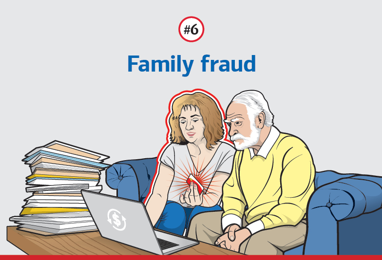 Text: #6 Family fraud. Illustration of a young woman making online credit card purchases with an elderly man.