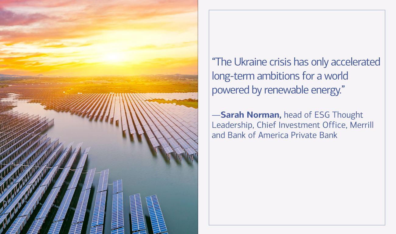 Sarah Norman, head of ESG Thought Leadership, the Chief Investment Office, Merrill and Bank of America Private Bank next to his quote “The Ukraine crisis has only accelerated long-term ambitions for a world powered by renewable energy.”