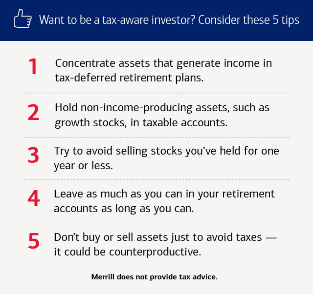 Infographic titled "Want to be a tax-aware investor? Consider these 5 tips." For full details, visit the link below.