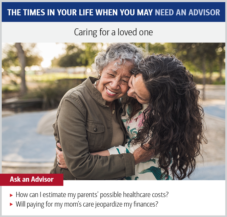 Graphic showing a photo of an older mother and adult daughter hugging. The text reads: Caring for a loved one. Ask an advisor: How can I estimate my parents’ possible health care costs? Will paying for my mom’s care jeopardize my finances?