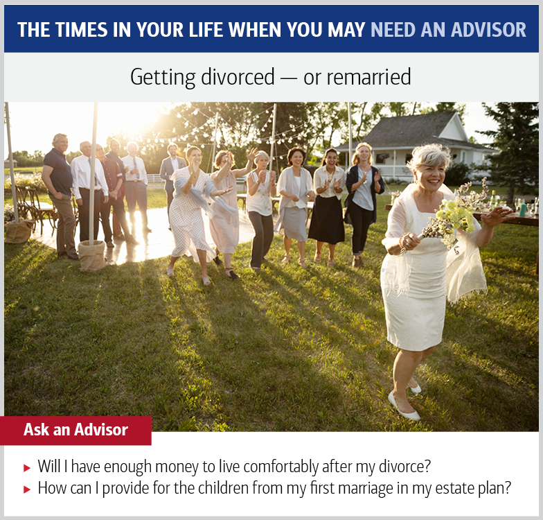 Graphic showing a photo of an older woman throwing the bouquet at her wedding. The text reads: Getting divorced—or remarried. Ask an advisor: Will I have enough money to live comfortably after my divorce? How can I provide for the children from my first marriage in my estate plan?