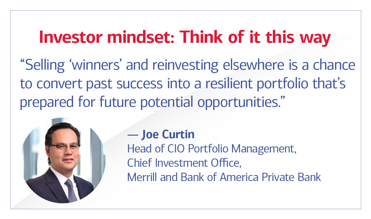 Joe Curtin, head of CIO Portfolio Management, Chief Investment Office, Merrill and Bank of America Private Bank quote Investor mindset: Think of it this way “Selling ‘winners’ and reinvesting elsewhere is a chance to convert past success into a resilient portfolio that’s prepared for future potential opportunities.”