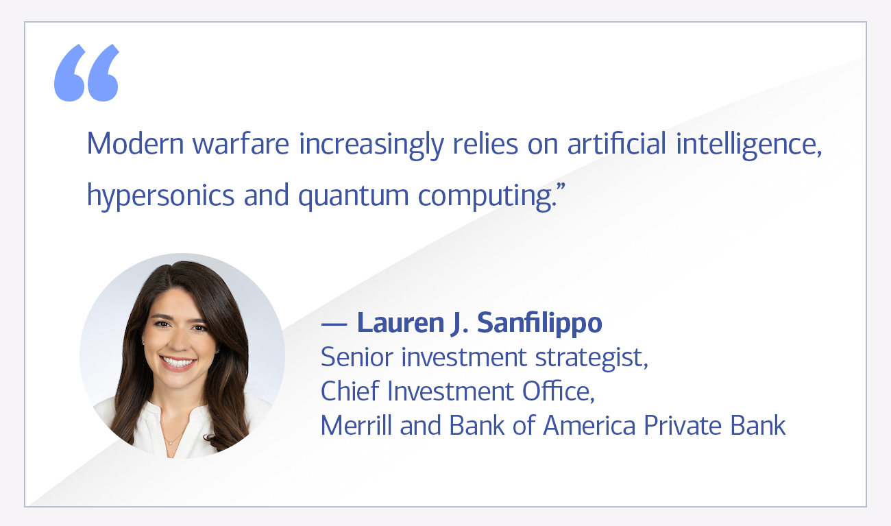 Lauren J. Sanfilippo, senior investment strategist, Chief Investment Office, Merrill and Bank of America Private Bank quote “Modern warfare increasingly relies on artificial intelligence, hypersonics and quantum computing.”