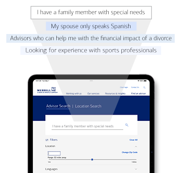 Image of advisor search page and examples of search questions a user may make I have a family member with special needs. My spouse only speaks Spanish. Advisors who can help me with the financial impact of a divorce. Looking for experience with sports professionals.