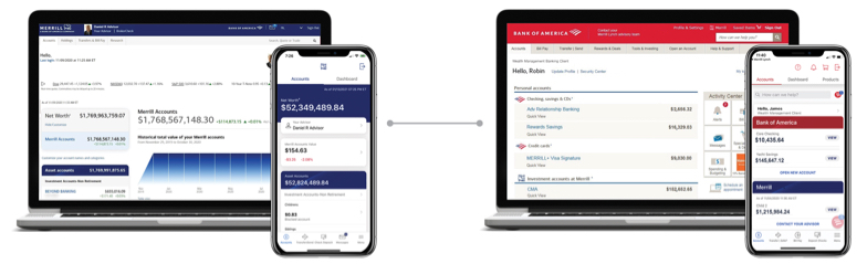 example of the Merrill online desktop  and mobile information on the left.  The second image shows a Bank of America online desktop and mobile information on the right.
