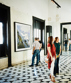 Museum patrons enjoying hanging artwork 